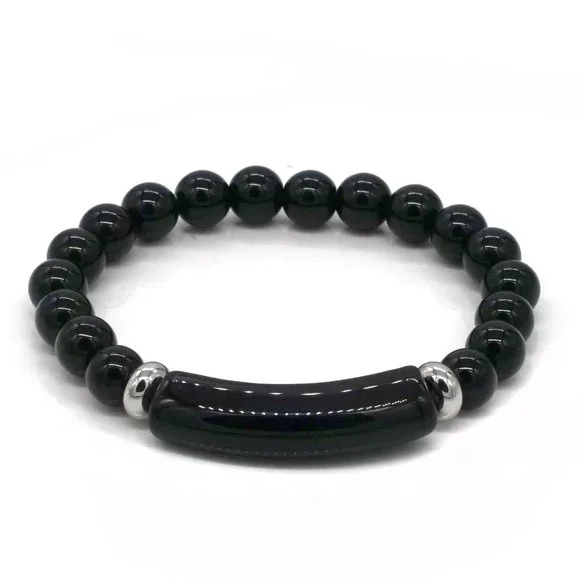 Natural Black Agate Elastic Bracelet. - Picture 2 of 3
